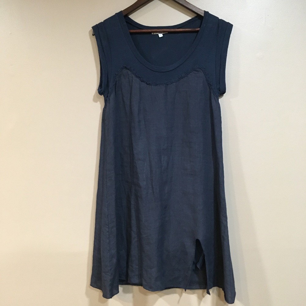 Carina Ricci Linen Embroidered Tunic Dress Sz S Navy Blue Tie Back Made in Italy